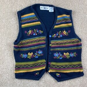 White Stag Navy Blue Floral Embroidered Knit Vest‎ Women's Size L Ramie Cotton